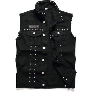 Denim RivetsblackLapel Sleeveles Slim Fit Retro Ripped Casual Jean Vest for Mens